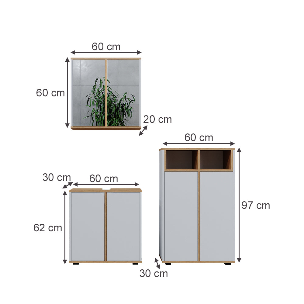 Vicco Set mobili bagno Bianco/Artisan 3 parti, unità midi con 2 porte
