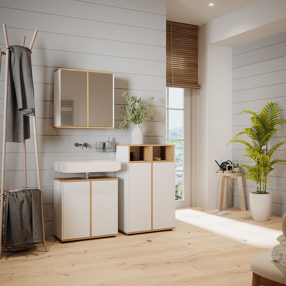 Vicco Set mobili bagno Bianco/Artisan 3 parti, unità midi con 2 porte