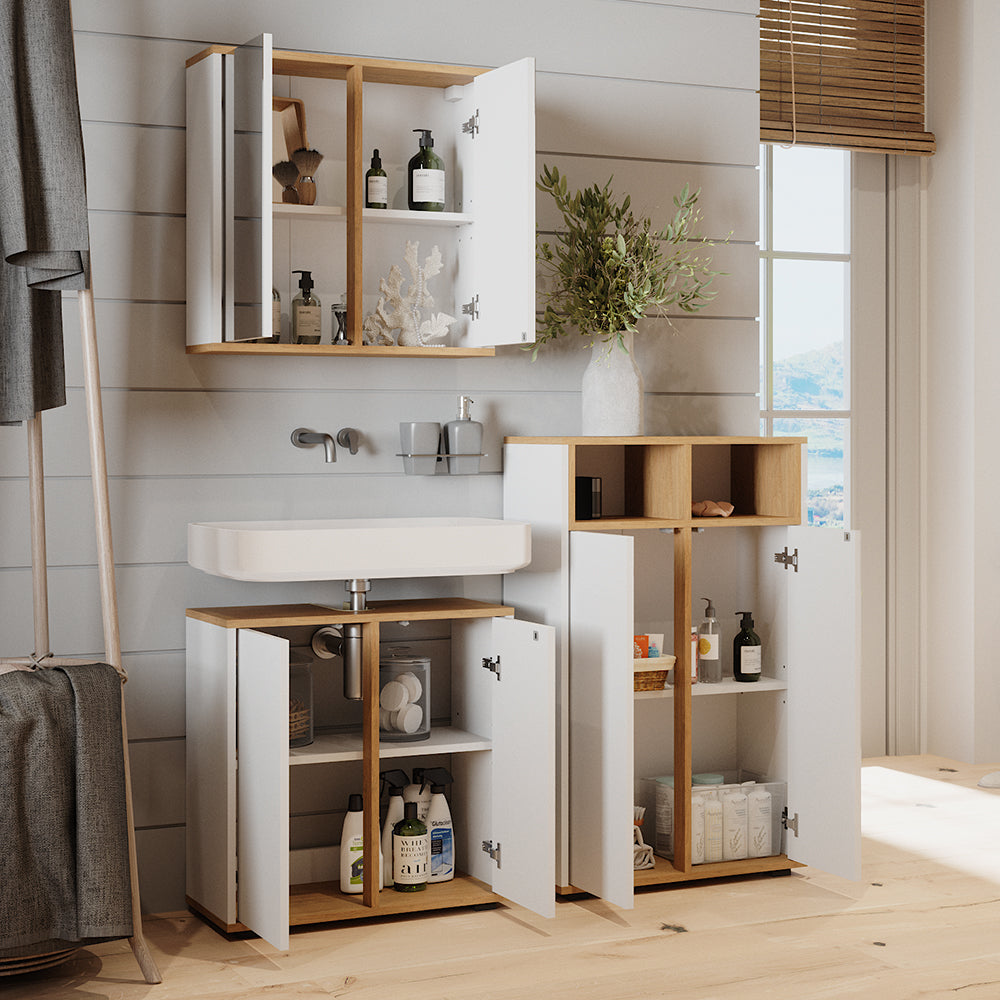 Vicco Set mobili bagno Bianco/Artisan 3 parti, unità midi con 2 porte