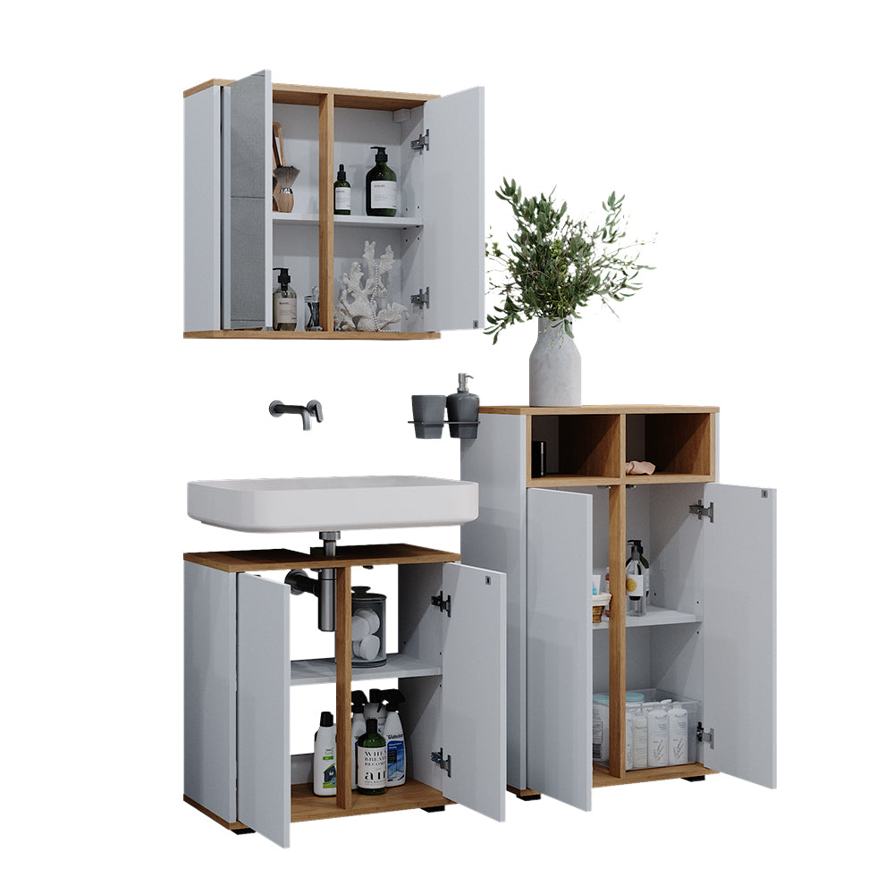 Vicco Set mobili bagno Bianco/Artisan 3 parti, unità midi con 2 porte