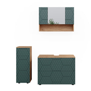 Vicco Set mobili bagno Quercia verde/oro 3 pezzi, con cassettiera e mobile midi