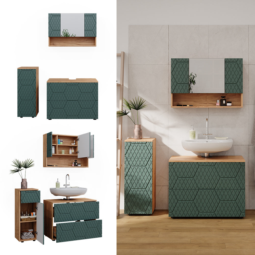 Vicco Set mobili bagno Quercia verde/oro 3 pezzi, con cassettiera e mobile midi