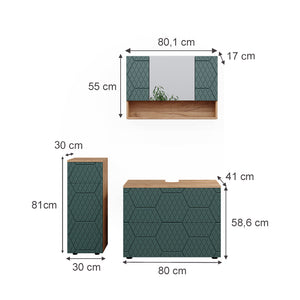 Vicco Set mobili bagno Quercia verde/oro 3 pezzi, con cassettiera e mobile midi