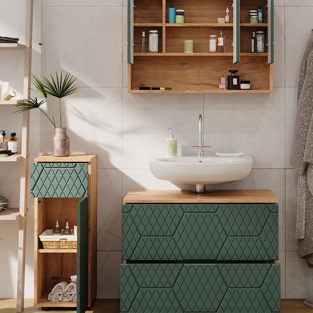 Vicco Set mobili bagno Quercia verde/oro 3 pezzi, con cassettiera e mobile midi