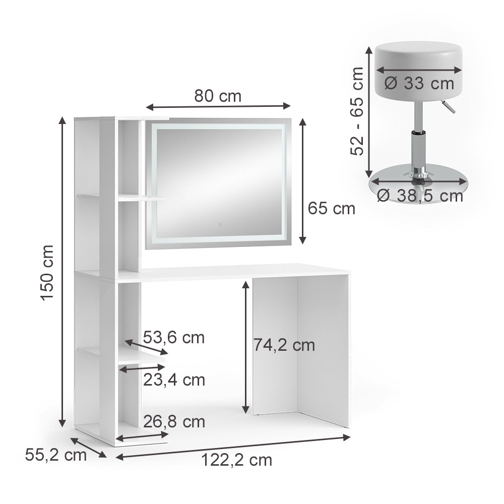 Vicco Tavolo da toilette Bianco 122.2 cm con illuminazione e sgabello