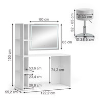 Vicco Tavolo da toilette Bianco 122.2 cm con illuminazione e sgabello