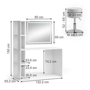 Vicco Tavolo da toilette Bianco 122.2 cm con illuminazione e sgabello