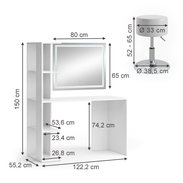 Vicco Tavolo da toilette Bianco 122.2 cm con illuminazione e sgabello