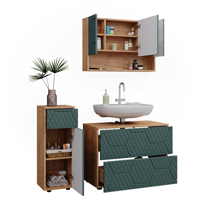 Vicco Set mobili bagno Quercia verde/oro 3 pezzi, con cassettiera e mobile midi