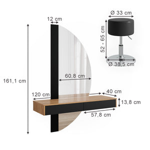Vicco Tavolo da toilette Nero 120 cm con illuminazione e sgabello