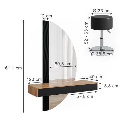 Vicco Tavolo da toilette Nero 120 cm con illuminazione e sgabello