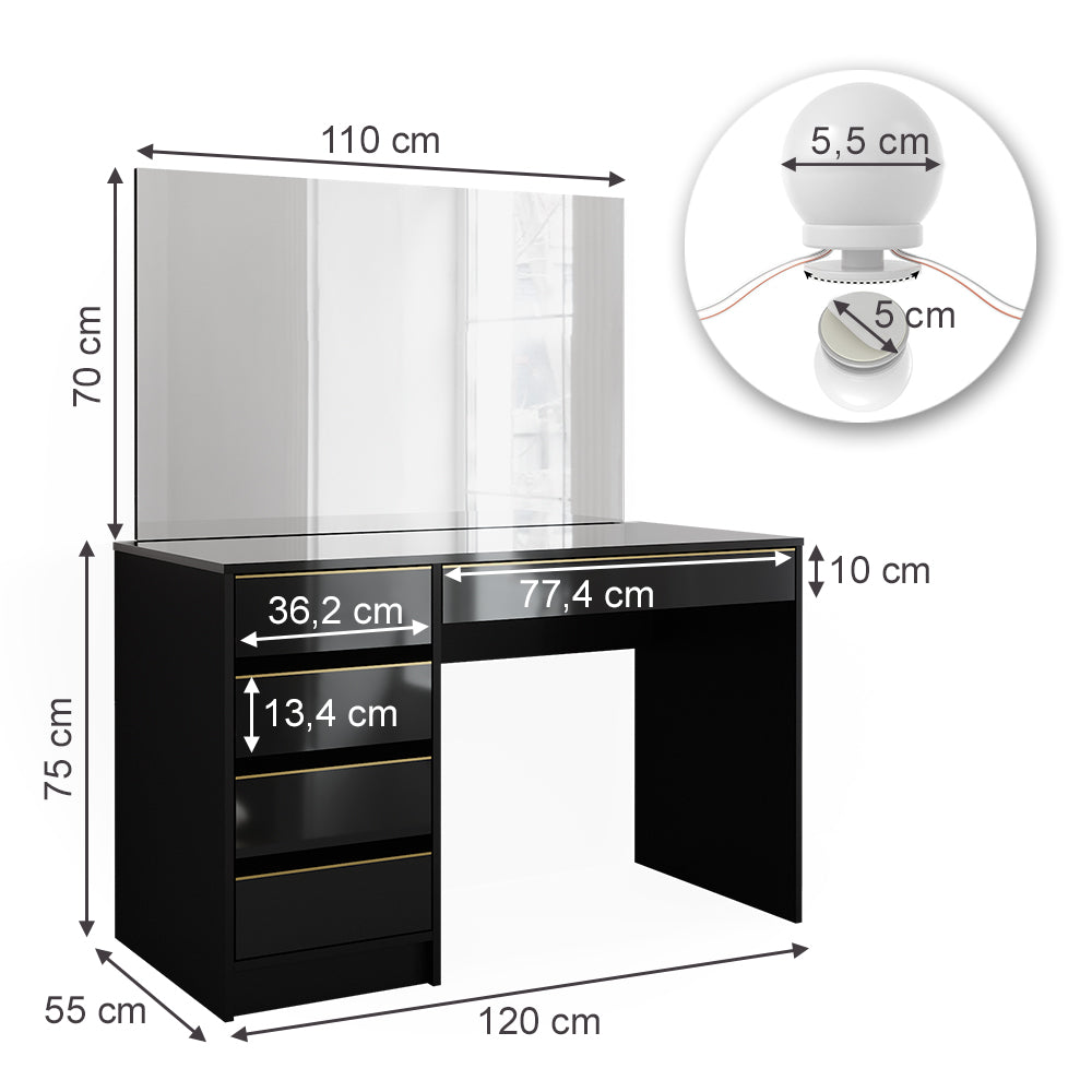 Vicco Set tavolino da toilette Nero/oro 55 cm con illuminazione a LED