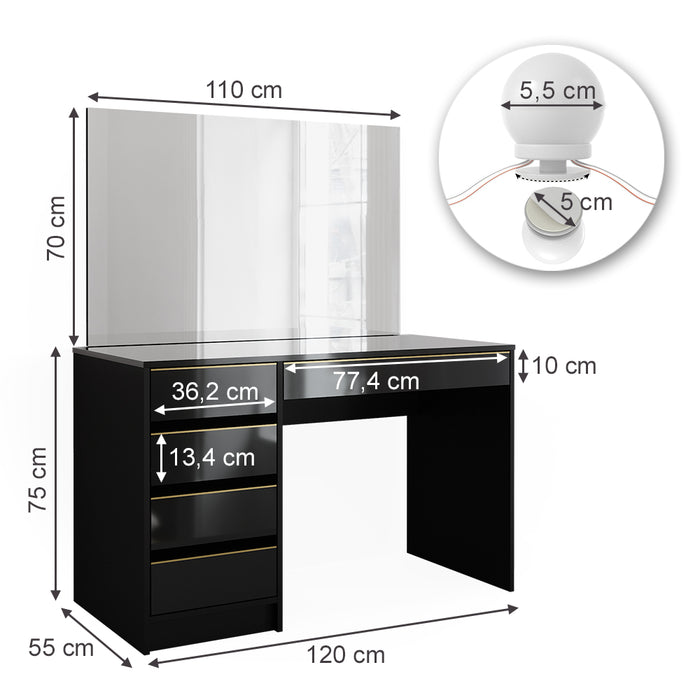 Vicco Set tavolino da toilette Nero/oro 55 cm con illuminazione a LED