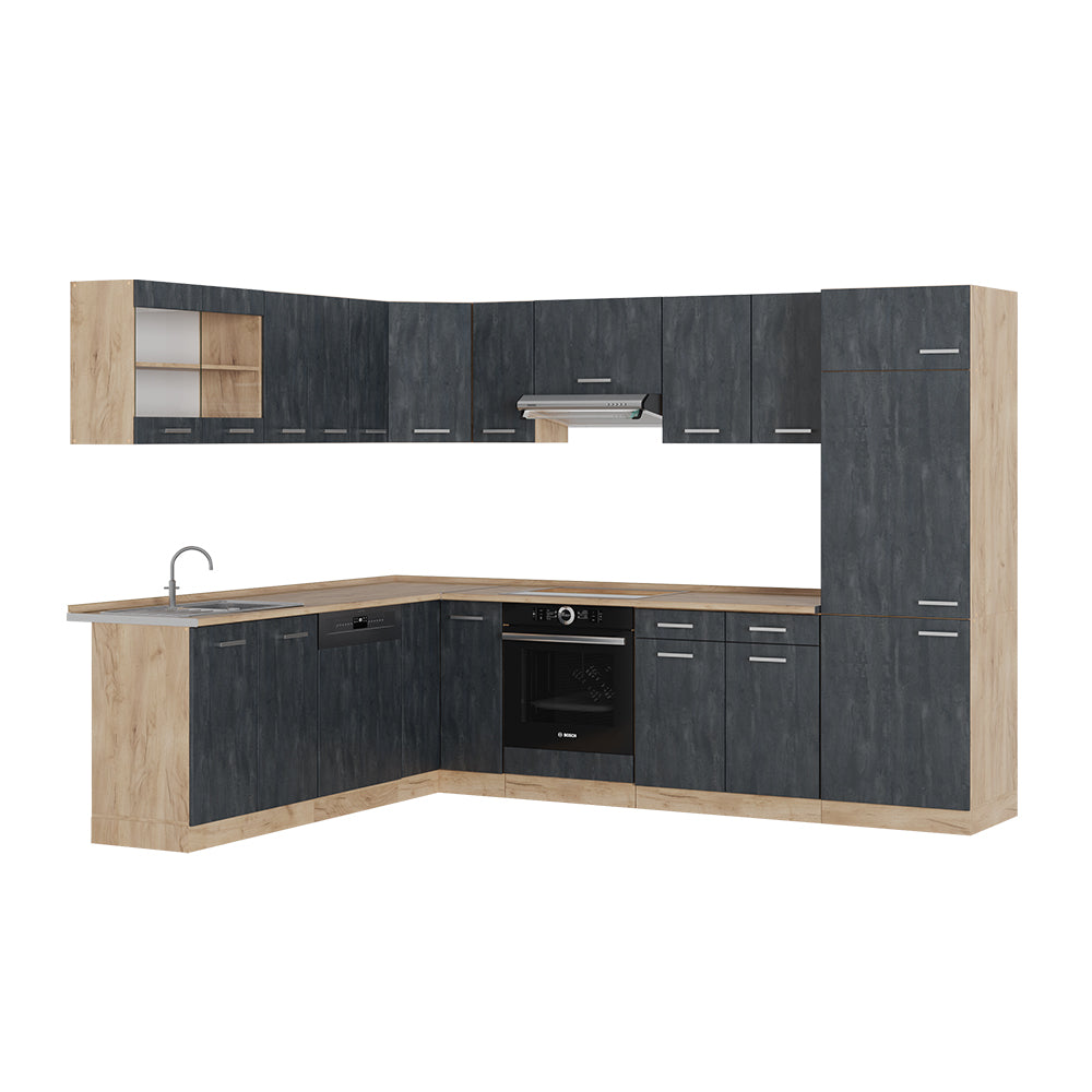 Vicco Cucina angolare completa Calcestruzzo nero/quercia dorata 227 x 287 cm senza piano di lavoro