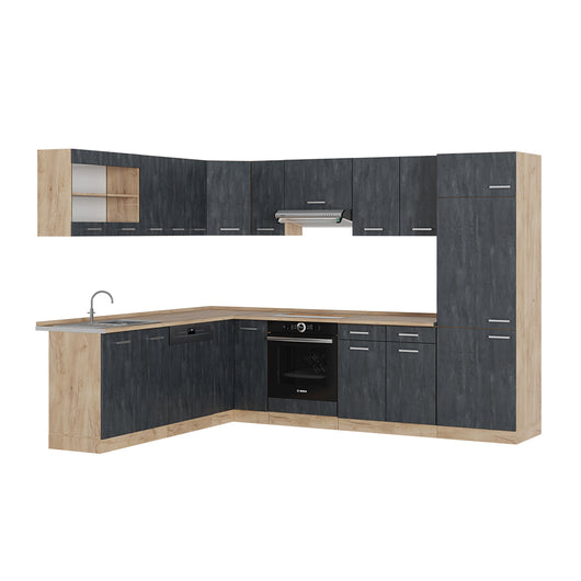 Vicco Cucina angolare completa Calcestruzzo nero/quercia dorata 227 x 287 cm senza piano di lavoro