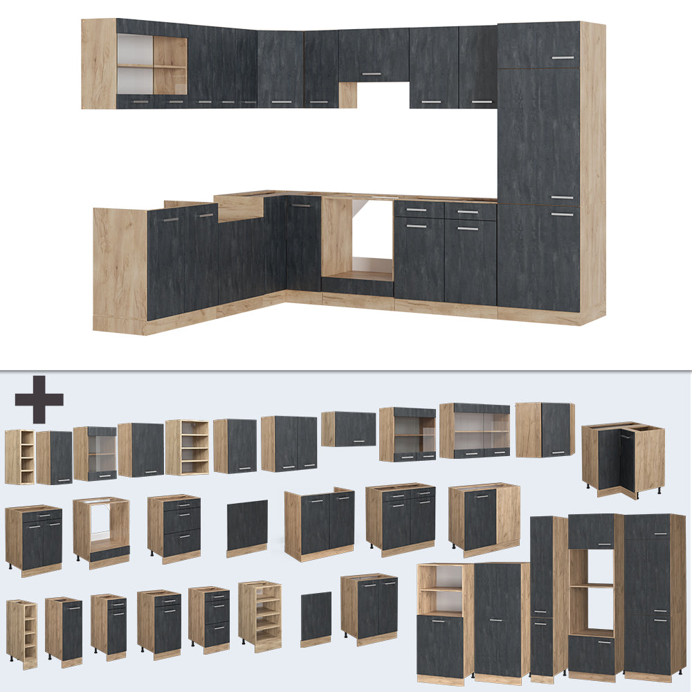 Vicco Cucina angolare completa Calcestruzzo nero/quercia dorata 227 x 287 cm PL Marmo