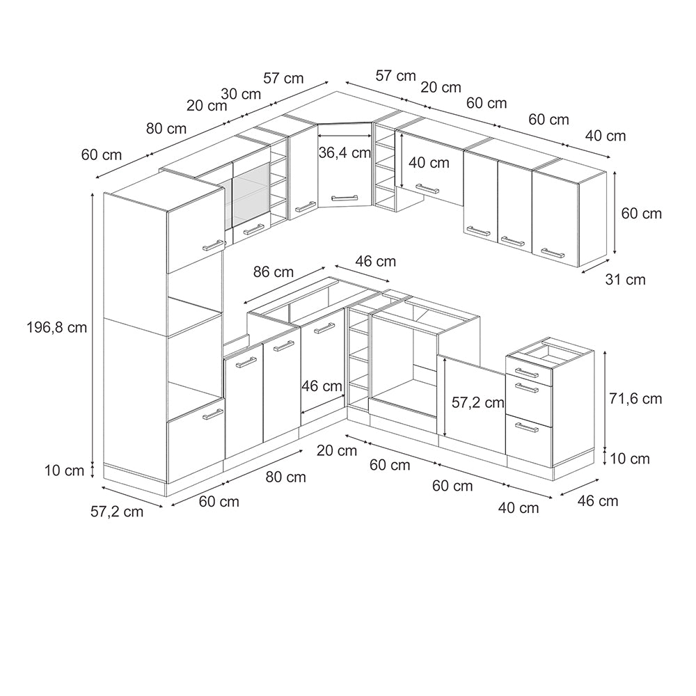 Vicco Cucina angolare completa Calcestruzzo nero/quercia dorata 237 x 247 cm senza piano di lavoro