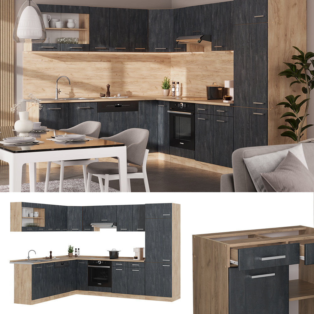 Vicco Cucina angolare completa Calcestruzzo nero/quercia dorata 227 x 287 cm PL Marmo