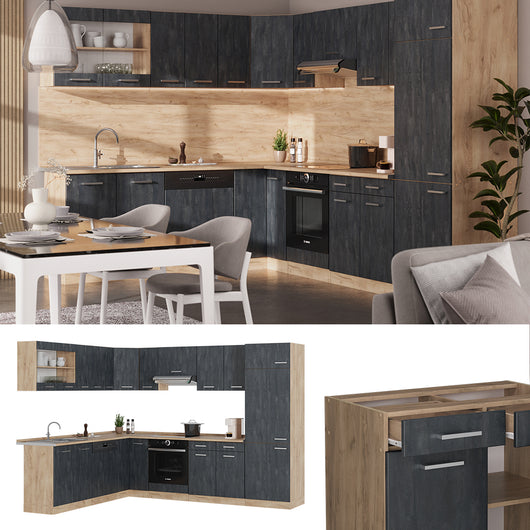 Vicco Cucina angolare completa Calcestruzzo nero/quercia dorata 227 x 287 cm PL Marmo