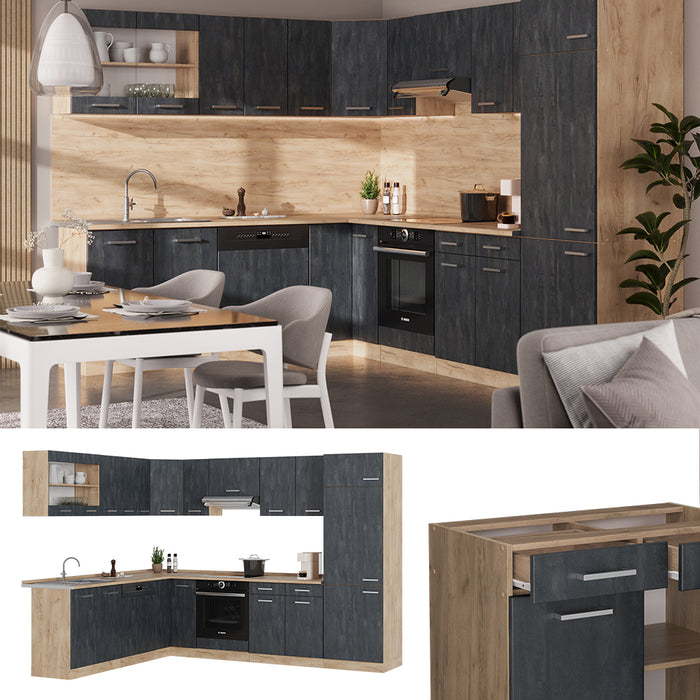 Vicco Cucina angolare completa Calcestruzzo nero/quercia dorata 227 x 287 cm PL Marmo