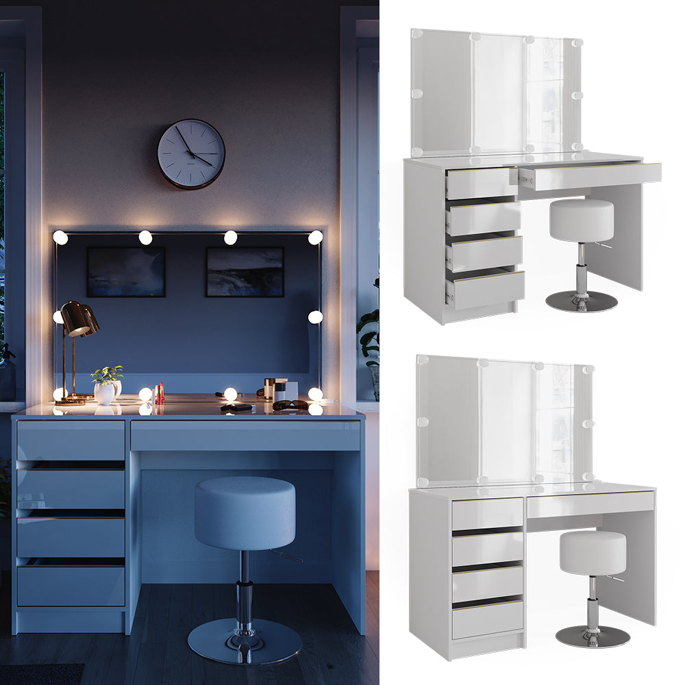 Vicco Tavolino da toilette Bianco/Oro 55 cm con illuminazione a LED e sgabello