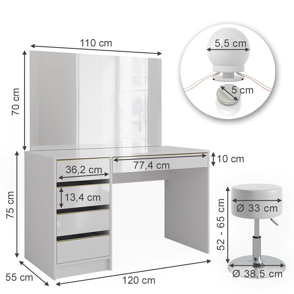 Vicco Tavolino da toilette Bianco/Oro 55 cm con illuminazione a LED e sgabello