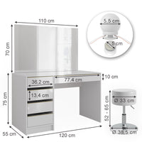 Vicco Tavolino da toilette Bianco/Oro 55 cm con illuminazione a LED e sgabello