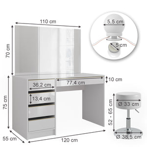 Vicco Tavolino da toilette Bianco/Oro 55 cm con illuminazione a LED e sgabello