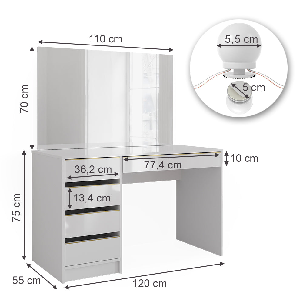 Vicco Tavolo da toilette Bianco/Oro 55 cm con illuminazione a LED