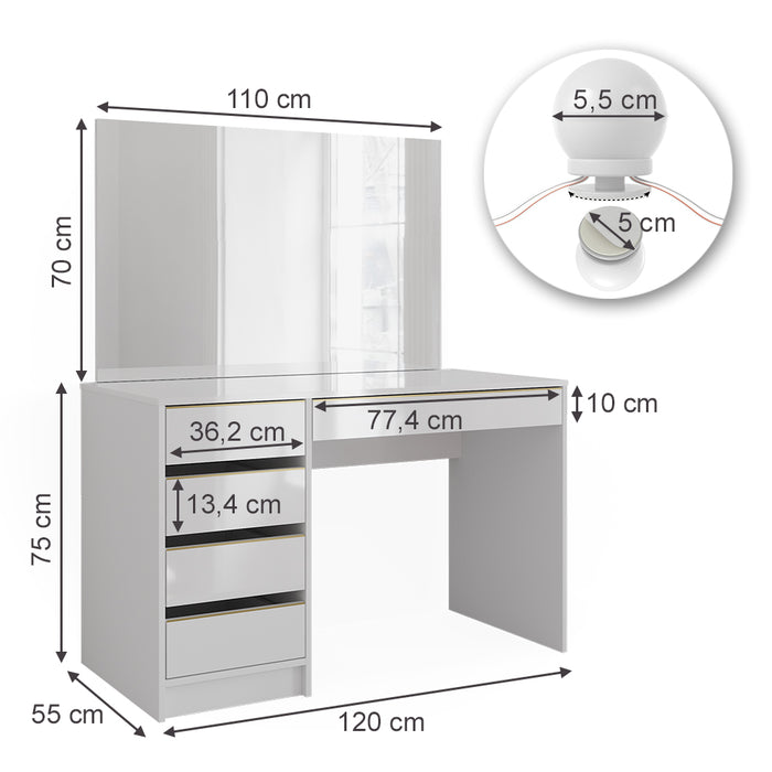 Vicco Tavolo da toilette Bianco/Oro 55 cm con illuminazione a LED