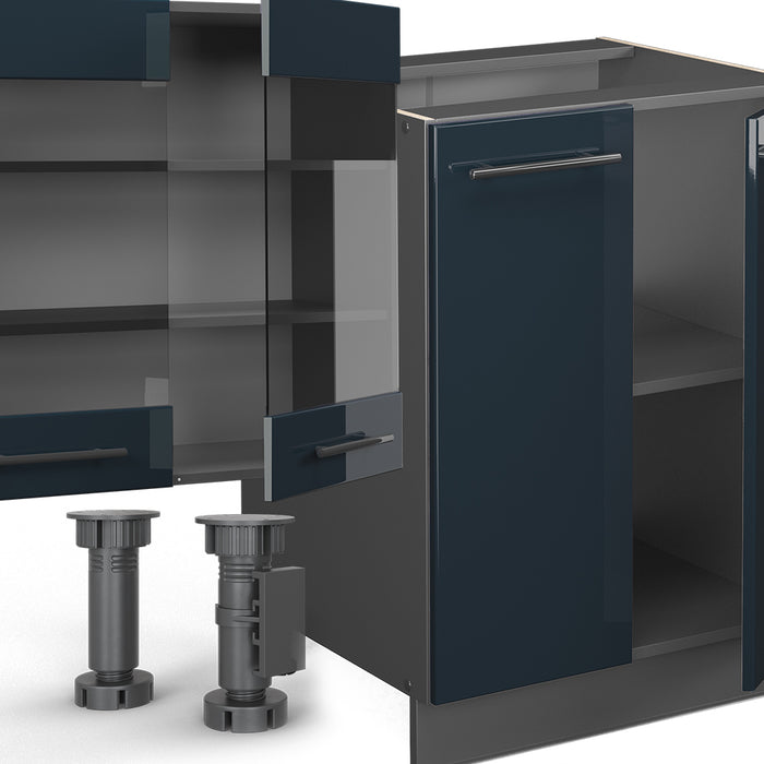 Vicco Cucina componibile Blu scuro lucido/antracite 300 cm con armadio alto, PL Marmo
