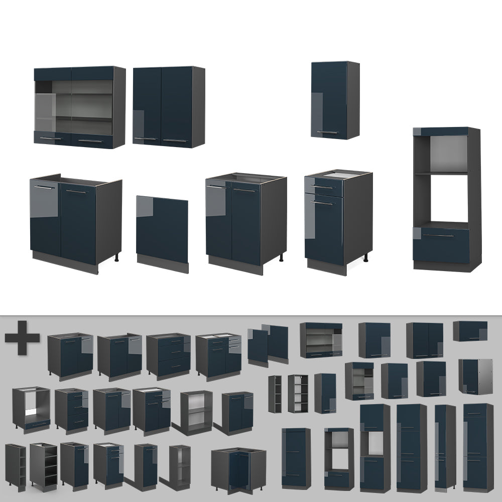 Vicco Cucina componibile Blu scuro lucido/antracite 300 cm con armadio alto, PL Rovere