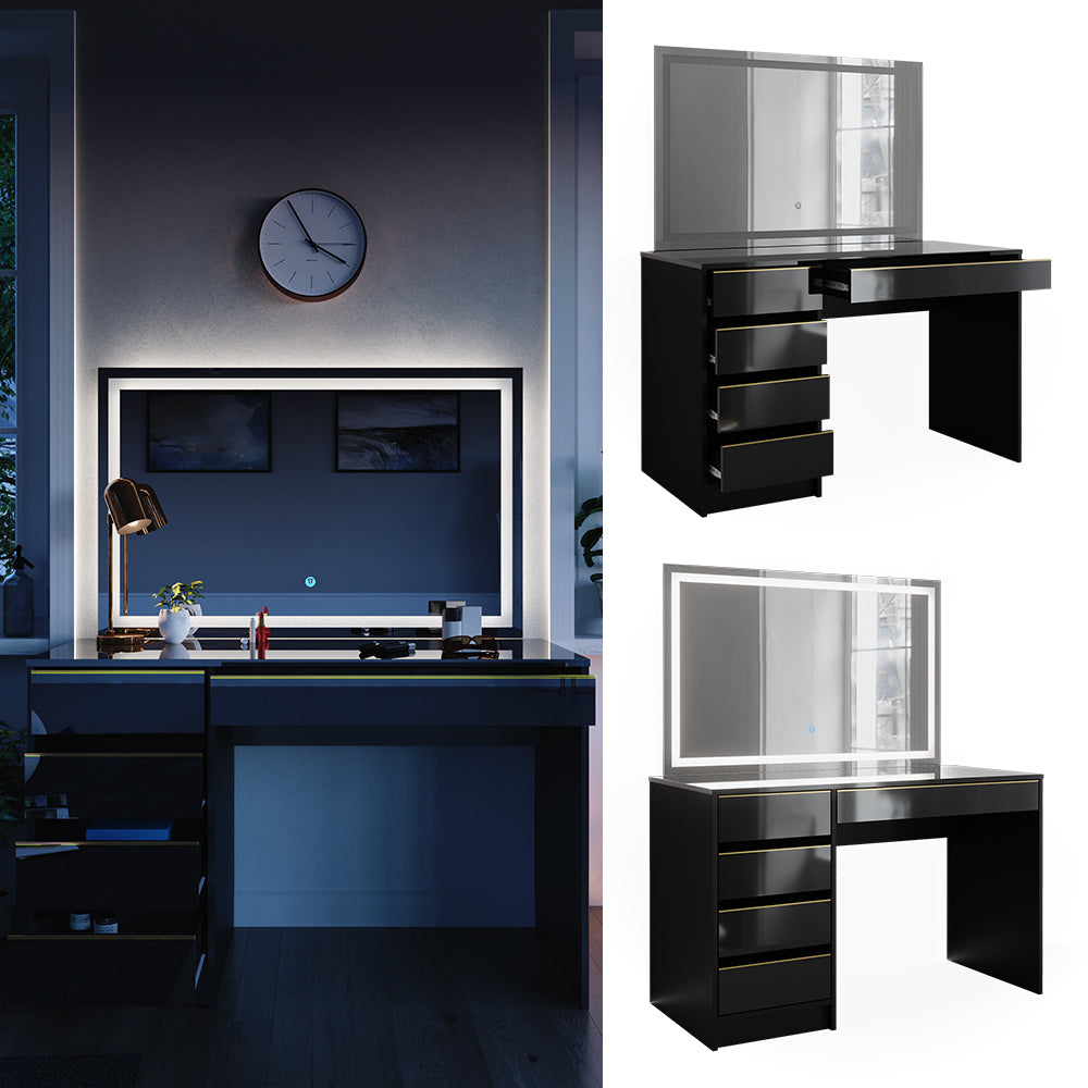 Vicco Tavolo da toilette Nero/oro 55 cm con specchio a LED