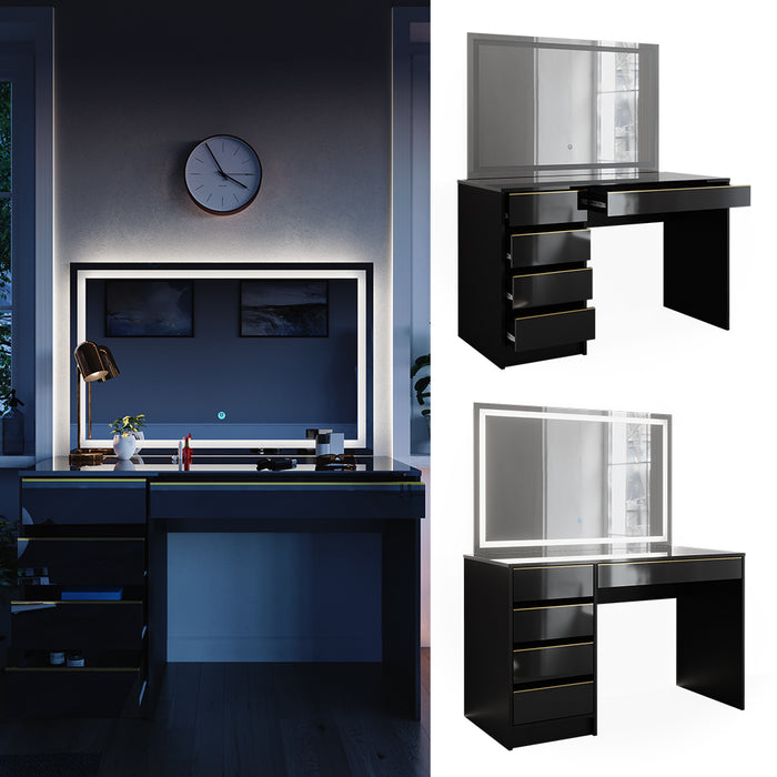 Vicco Tavolo da toilette Nero/oro 55 cm con specchio a LED