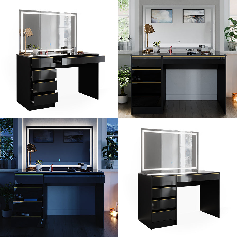 Vicco Tavolo da toilette Nero/oro 55 cm con specchio a LED