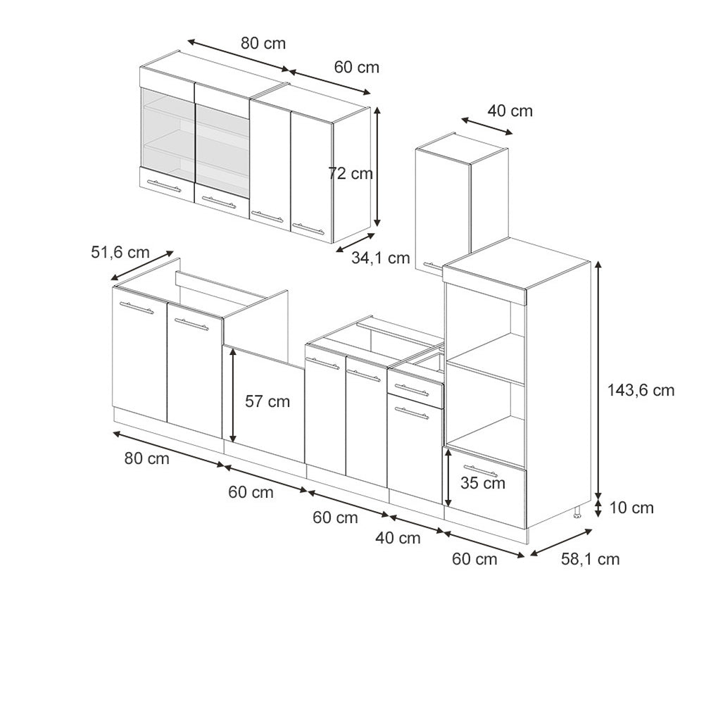 Vicco Mobile da cucina Blu scuro lucido/bianco 300 cm con armadio alto, senza piano di lavoro