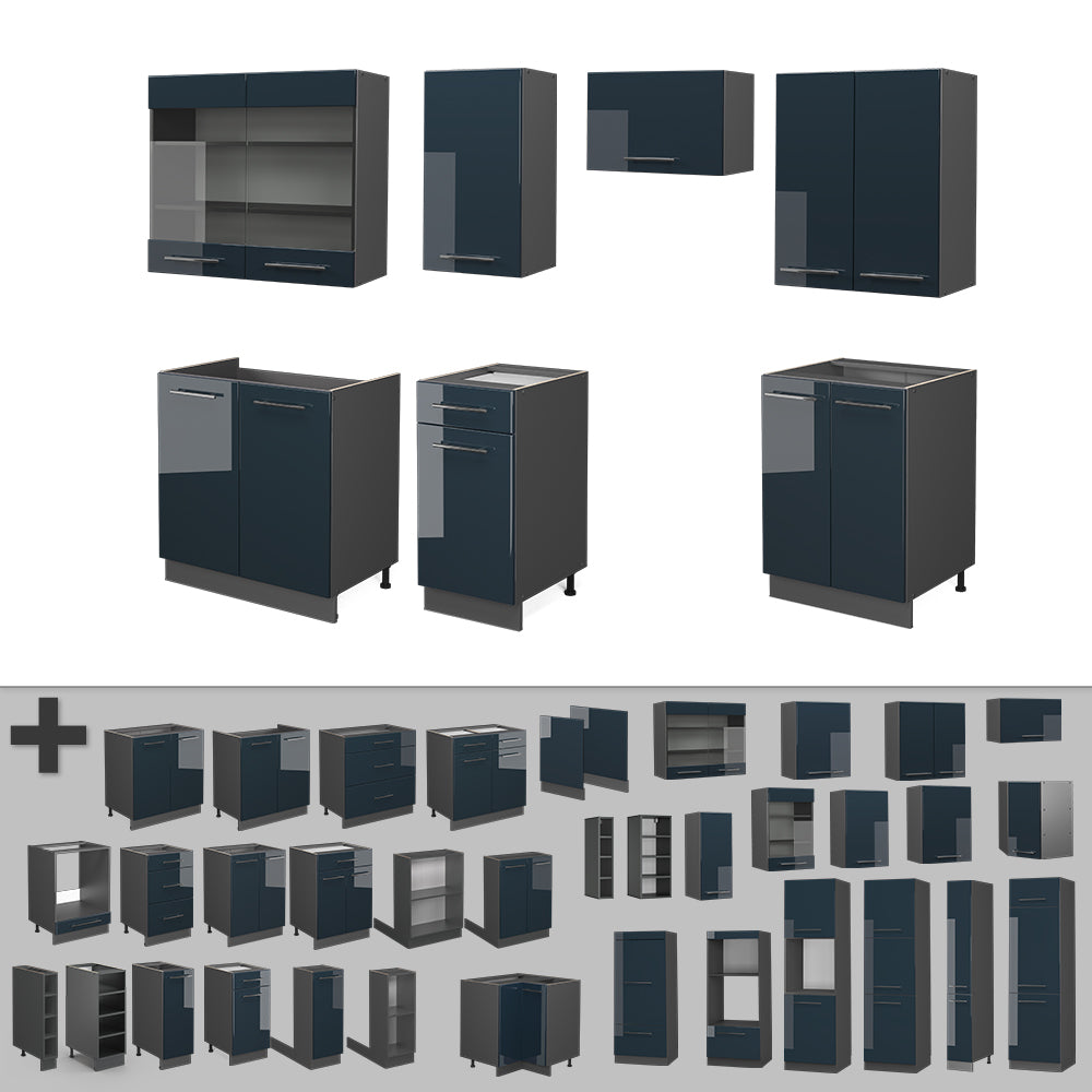 Vicco Cucina componibile Blu scuro lucido/antracite 240 cm , PL Marmo