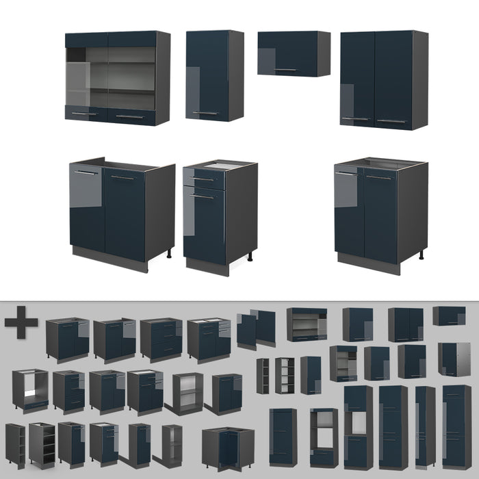 Vicco Cucina componibile Blu scuro lucido/antracite 240 cm , PL Rovere