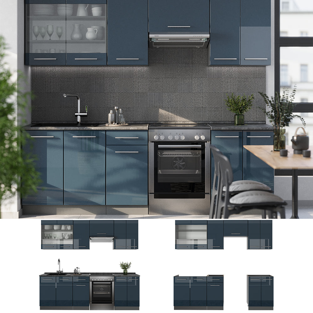 Vicco Cucina componibile Blu scuro lucido/antracite 240 cm , PL Marmo