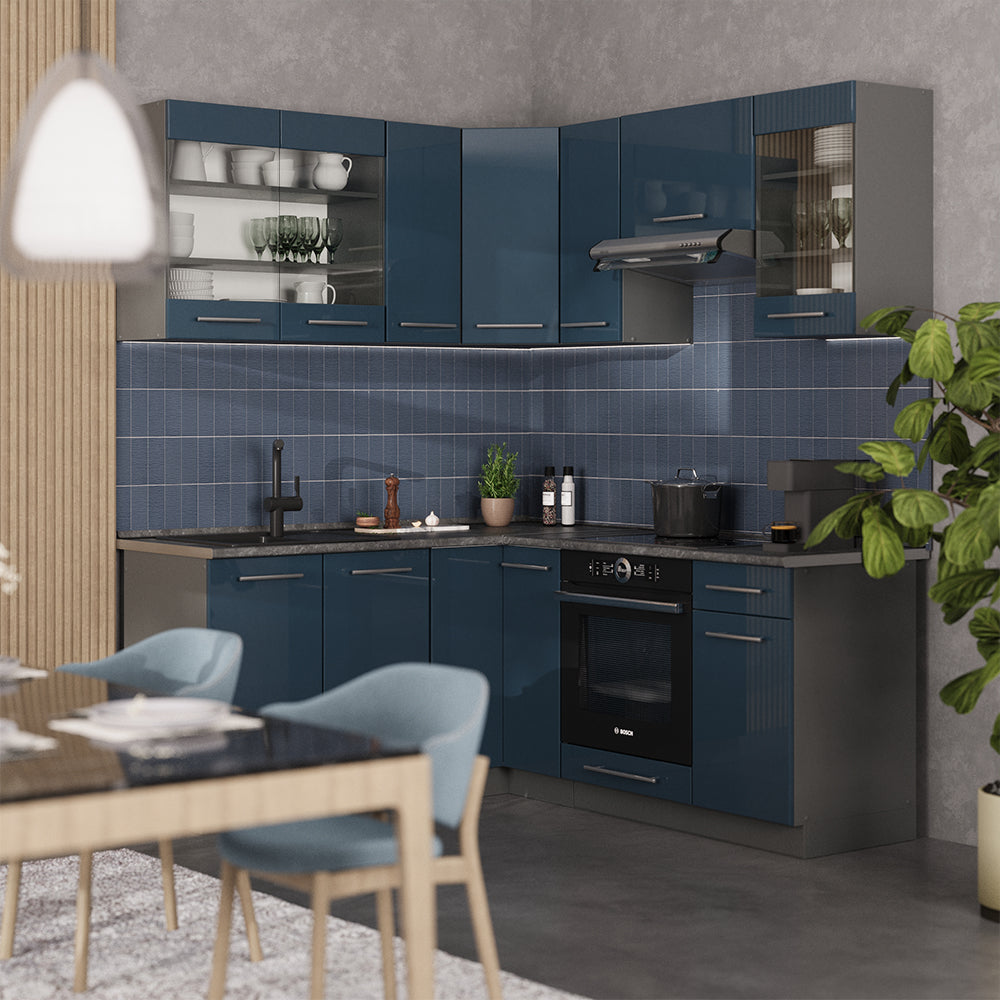 Vicco Cucina ad angolo Blu scuro lucido/antracite 160.5 x 190 cm , PL Rovere