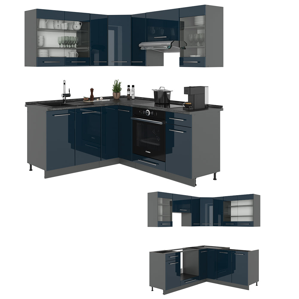 Vicco Cucina ad angolo Blu scuro lucido/antracite 160.5 x 190 cm , PL Rovere