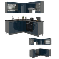 Vicco Cucina ad angolo Blu scuro lucido/antracite 160.5 x 190 cm , PL Rovere
