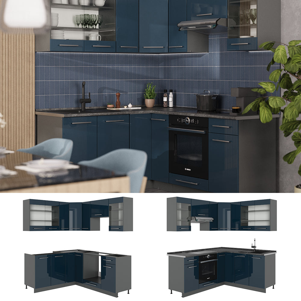 Vicco Cucina ad angolo Blu scuro lucido/antracite 160.5 x 190 cm , PL Rovere