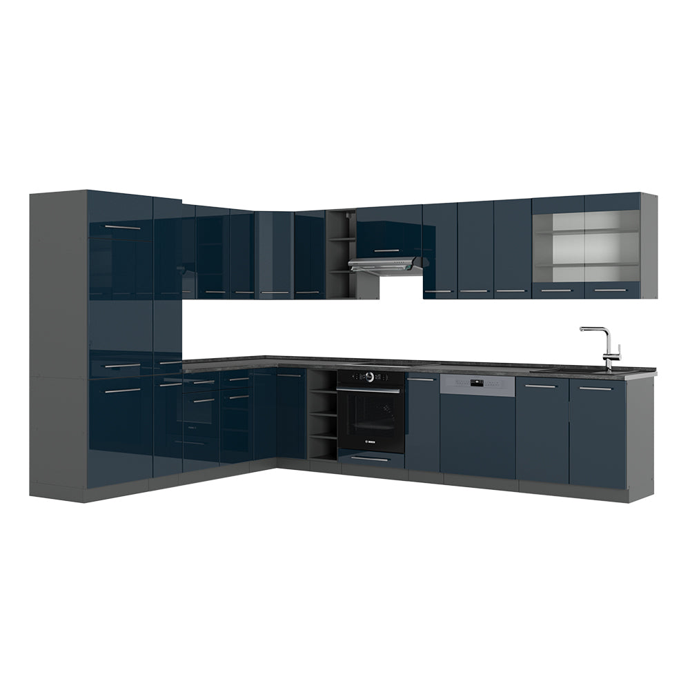 Vicco Cucina angolare completa Blu scuro lucido/antracite 257 x 60 cm , PL Antracite