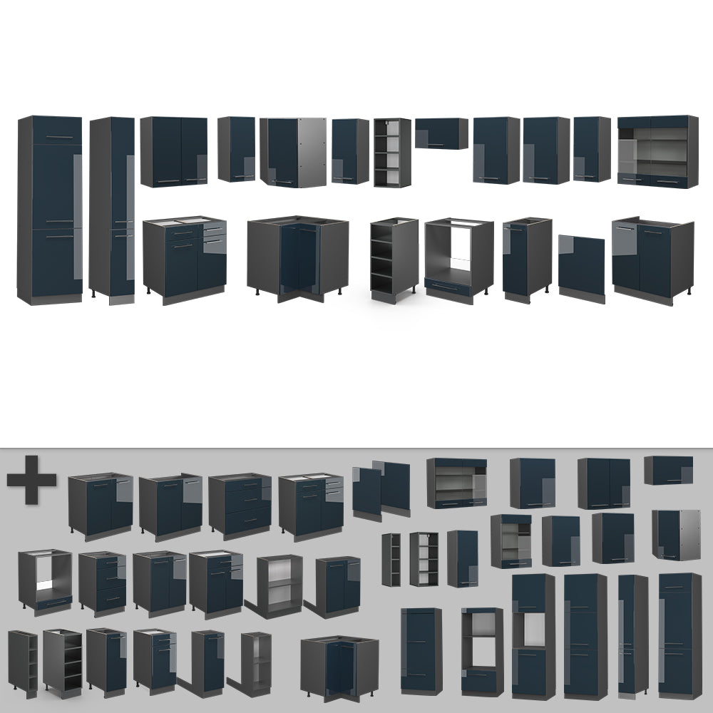 Vicco Cucina angolare completa Blu scuro lucido/antracite 257 x 60 cm , PL Rovere