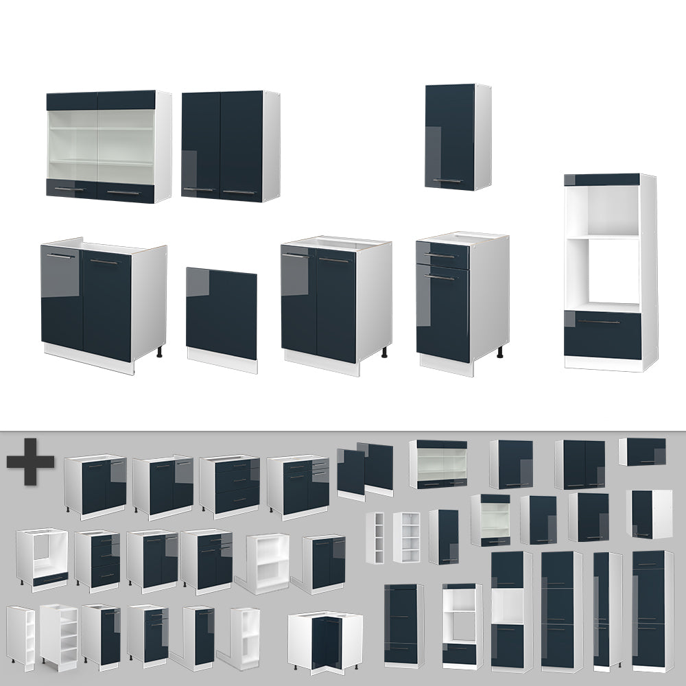 Vicco Cucina componibile Blu scuro lucido/bianco 300 cm con armadio alto, PL Antracite