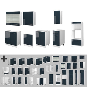 Vicco Cucina componibile Blu scuro lucido/bianco 300 cm con armadio alto, PL Antracite