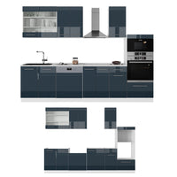 Vicco Cucina componibile Blu scuro lucido/bianco 300 cm con armadio alto, PL Marmo