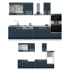 Vicco Cucina componibile Blu scuro lucido/bianco 300 cm con armadio alto, PL Antracite