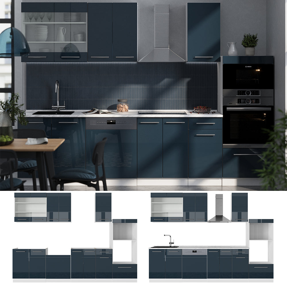 Vicco Cucina componibile Blu scuro lucido/bianco 300 cm con armadio alto, PL Marmo